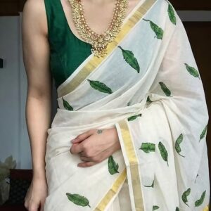 Banana leaf designer kasavu cotton saree folded view