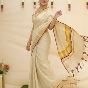 Tiny block kasavu tissue maroon border saree with blouse model view