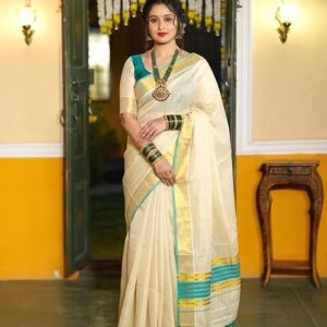 Kasavu tissue saree with turquoise blue border and stripes front view