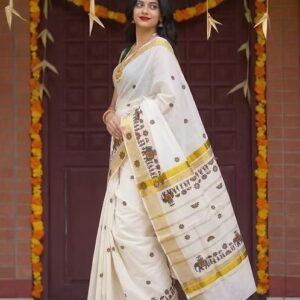 Traditional elephant mural stripe cotton kasavu saree full view