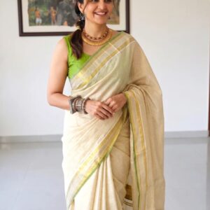 Traditional pea green tiny checks kasavu saree front view