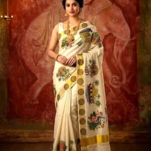 Gods Own Country cultural motif tissue kasavu saree full view