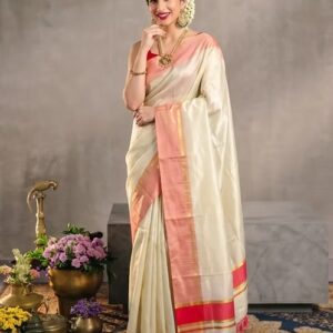 Guava pink tassel tissue Kerala kasavu saree with running blouse front view