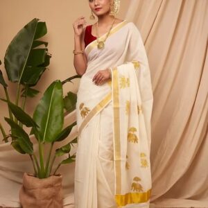 Golden Gajah embroidery cotton Kerala kasavu saree full view