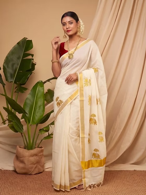 Golden Gajah embroidery cotton Kerala kasavu saree full view