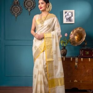 Balaramapuram gopuram jacquard kasavu cotton saree with orange border front view