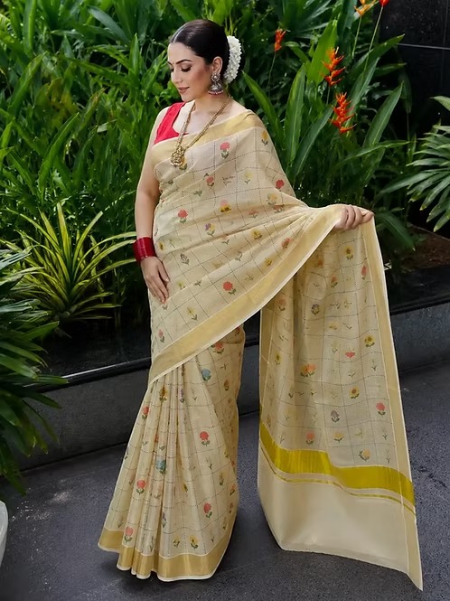 Bloomweave premium tissue kasavu saree floral grid drape view