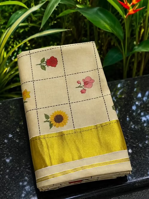 Bloomweave premium tissue kasavu saree folded view with floral grid