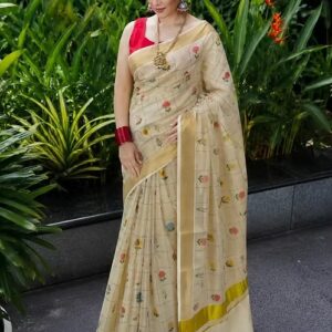 Bloomweave premium tissue kasavu saree with delicate floral grid front view