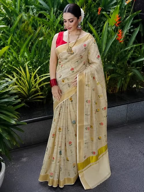 Bloomweave premium tissue kasavu saree with delicate floral grid front view