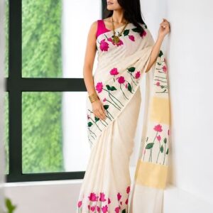 Kerala mul cotton kasavu saree with lotus designer stripes full drape view