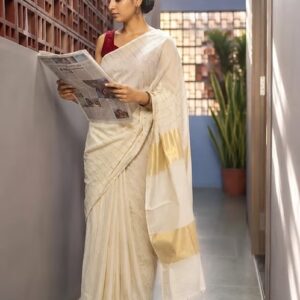 Traditional stripe mul cotton kasavu saree with tassels full drape view