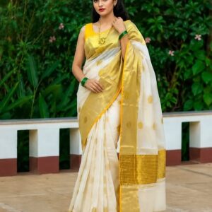 Balaramapuram premium kasavu cotton saree with polka zari and orange border full view