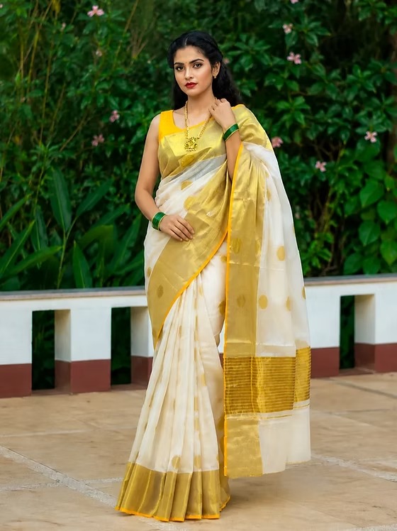 Balaramapuram premium kasavu cotton saree with polka zari and orange border full view