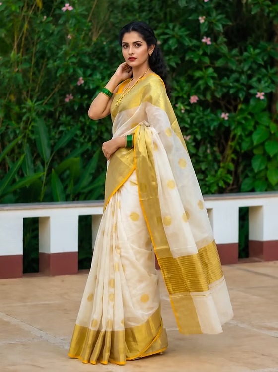 Balaramapuram premium kasavu cotton saree with orange border side view