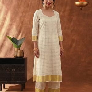 Readymade block designer cotton kasavu kurti and bottom set front view